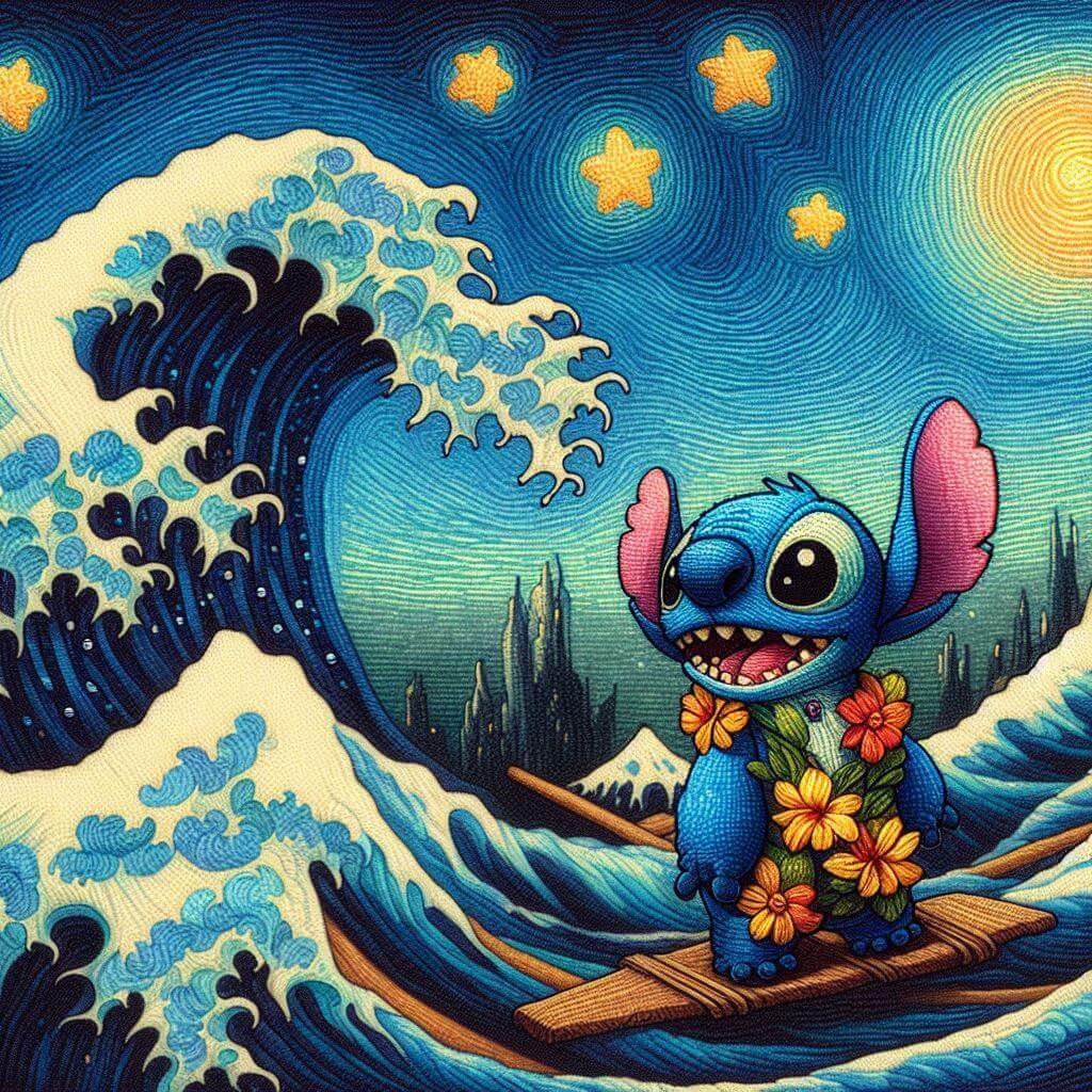 Stitch Van Gogh Style Surfing Ohana Summer Design - DTF Ready To Press