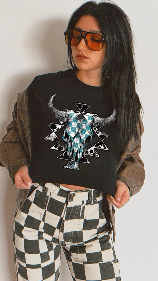 Turquoise Checkered Bull Skull