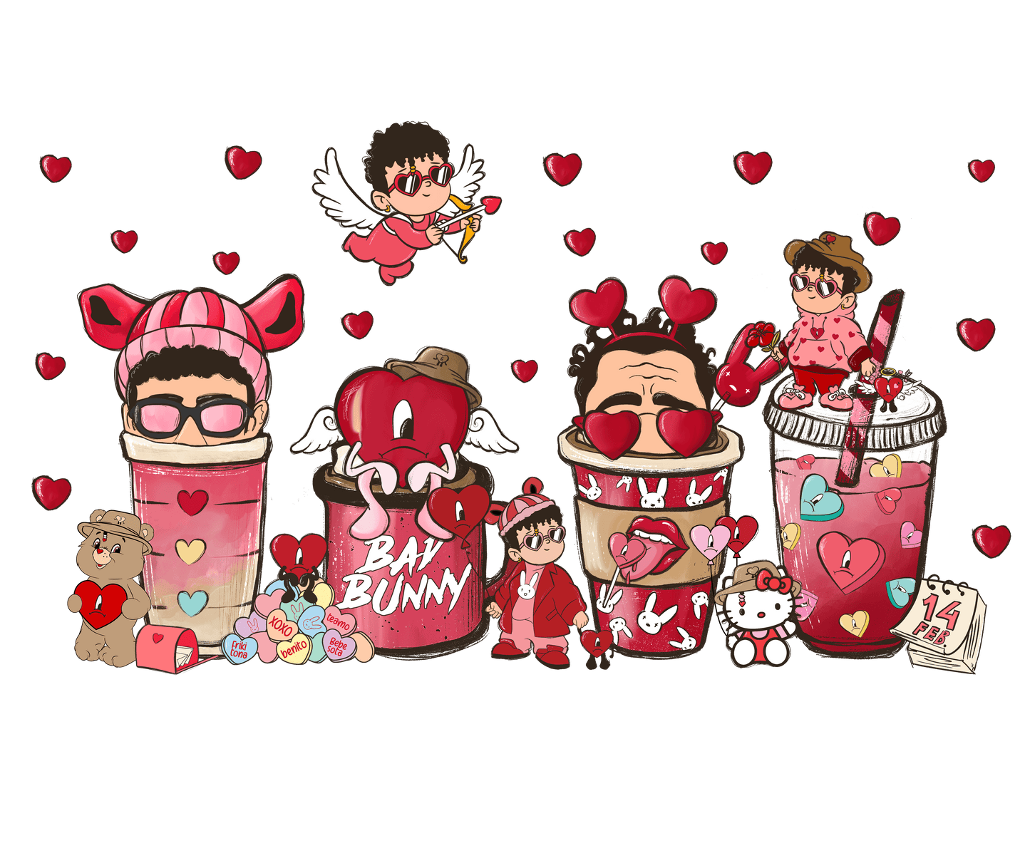 Bad Bunny And Hello Kitty Valentine Coffee Design - DTF Ready To Press