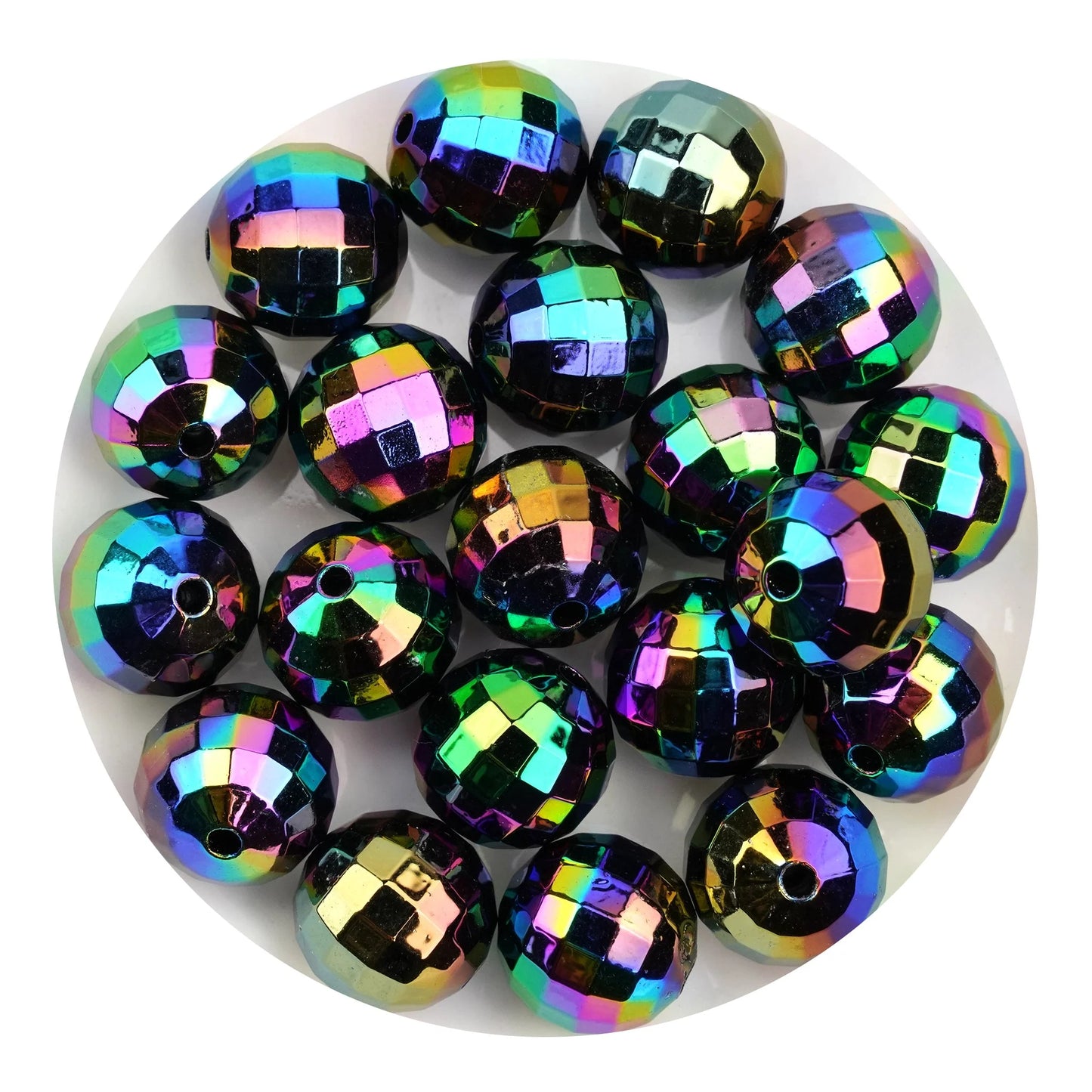 Acrylic Round String Disco Bling Beads - Black Rainbow Iridescent